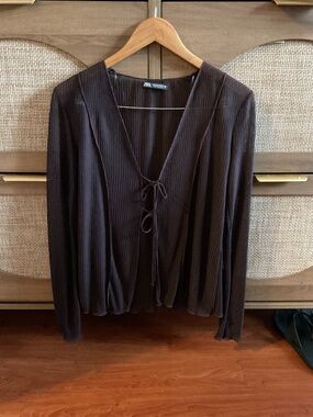 ZARA - Mesh Sheer Aubergine Tie Top - size M